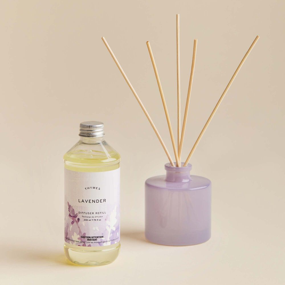 Thymes Lavender Diffuser Oil Refill next to petite lavender diffuser image number 1